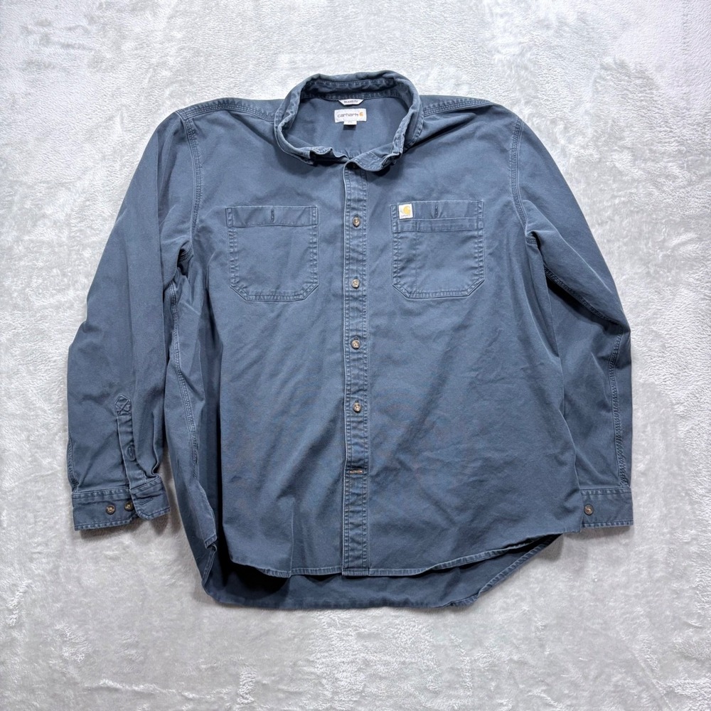 Carhartt Button Down Shirt Mens 2XL Blue Relaxed Fit Rugged Flex Long Sleeve